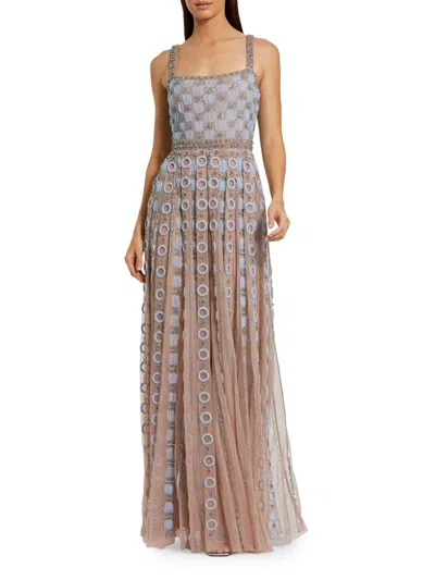 Mac Duggal Petite Sleeveless Embellished Mesh A-line Evening Gown In Brown