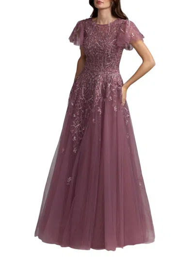Mac Duggal Beaded Embroidered Tulle Flutter Sleeve Ball Gown In Brown