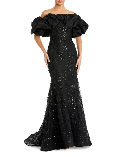 Mac Duggal Beaded Applique Off The Shoulder Mermaid Gown In Black
