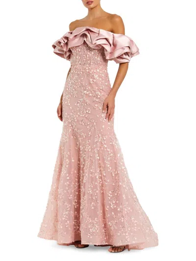 Mac Duggal Beaded Applique Off The Shoulder Mermaid Gown In Multi