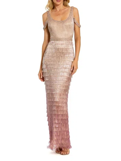 Mac Duggal 6032 Fitted Long Formal Fringe Dress In Neutral