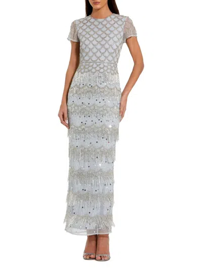 Mac Duggal Fringe Embellished Mesh Short Sleeve Ankle Dress In White