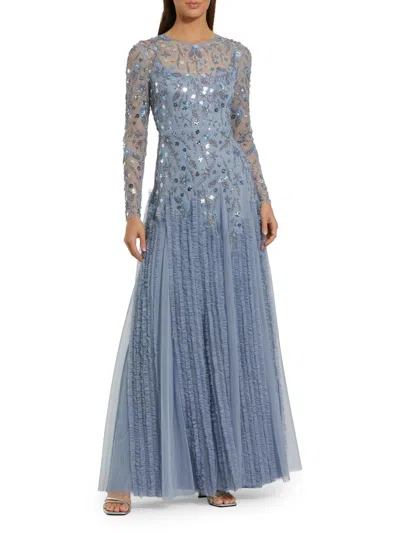 Mac Duggal Evening Beaded Mesh Gown In Blue
