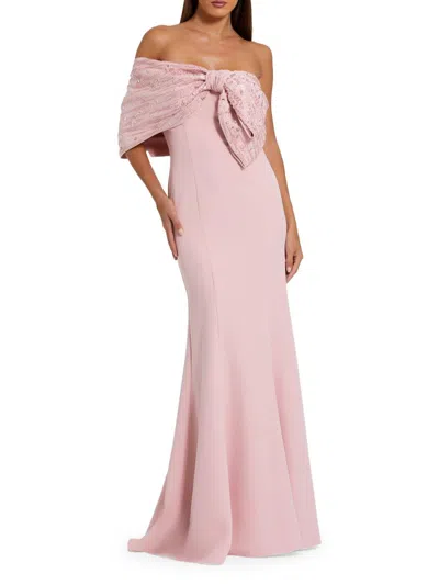 Mac Duggal Off-the-shoulder Satin Mermaid Gown With Beaded Bow Detail In Pink