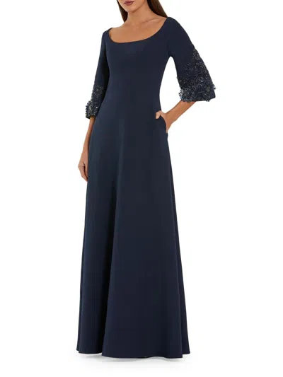 Mac Duggal Beaded Bell-sleeve Crepe Gown In Blue