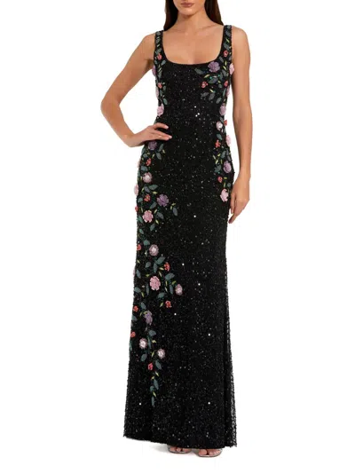 Mac Duggal Embellished Mesh Gown With Scoop Neck And Floral Beading In Black