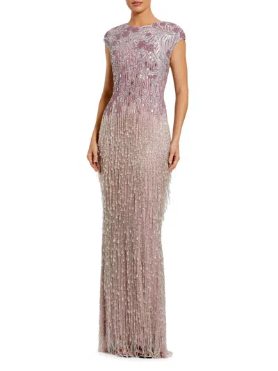 Mac Duggal Purple Embellished Cap Sleeve Gown With Fringe Beading In Multi