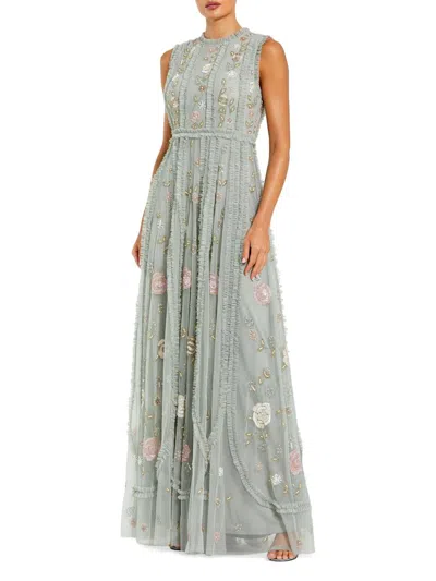 Mac Duggal Petite Floral Embroidered Mesh A-line Gown With Micro Ruffle Trim In Gray