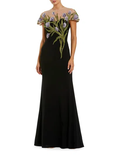 Mac Duggal 11912 Long Formal Fitted Floral Evening Dress In Black