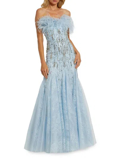 Mac Duggal Strapless Feather Embellished Mermaid Gown In Powder Blue