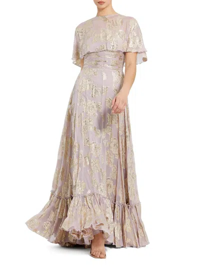 Mac Duggal 9304 A Line Long Floral Print Cape Sleeve Formal Dress In Pink