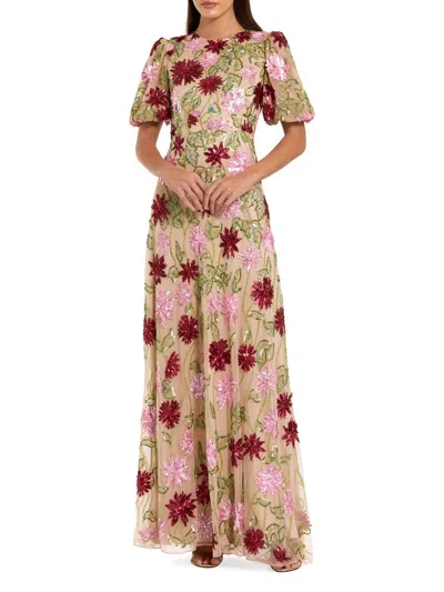 Mac Duggal Floral Embroidered Mesh Gown With Statement Sleeves In Multi