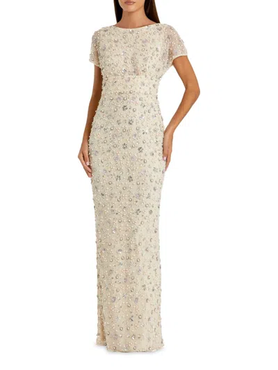 Mac Duggal Ivory Floral Embellished Mesh Fitted Column Gown In White