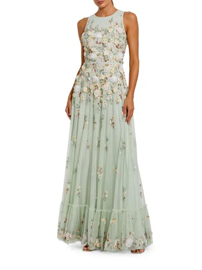Mac Duggal Evening Floral Embroidered Sleeveless Mesh Gown In Green