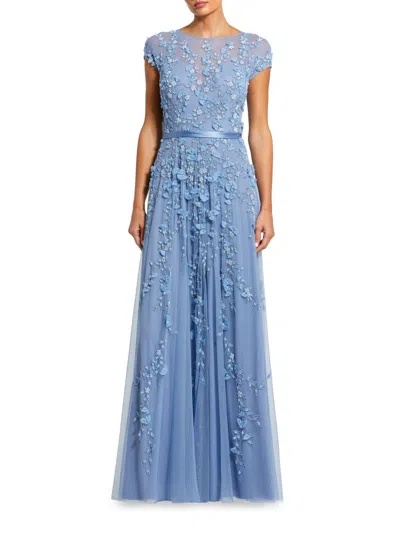 Mac Duggal Floral Embellished Short Sleeve Mesh Gown In Sky Blue