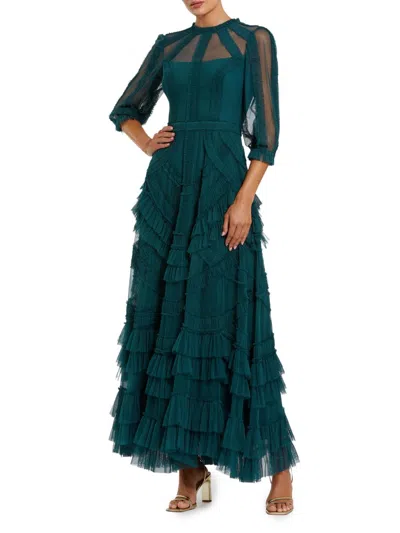 Mac Duggal 3/4 Puff Sleeve Mesh Mirco Ruffle Gown In Blue
