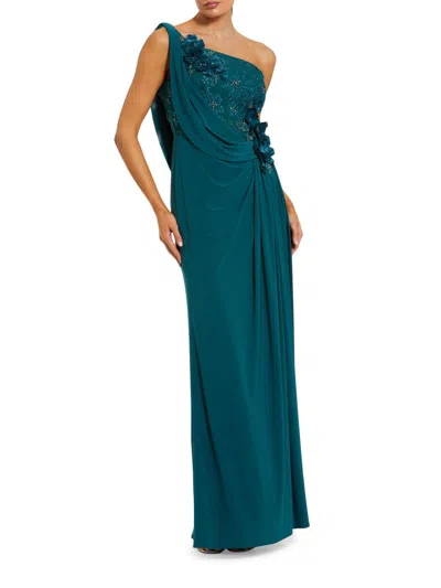 Mac Duggal Jersey One Shoulder Cowl Gown With 3d Flowers In Green