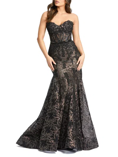 Mac Duggal Strapless Sweetheart Lace Embellished Beaded Trumpet Gown In Black Nude