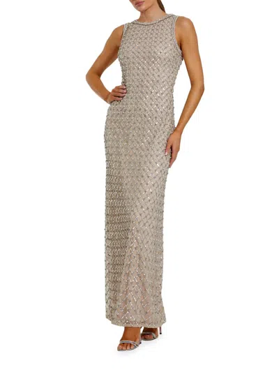 Mac Duggal Evening Sequined Mesh Column Gown In Gray
