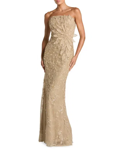 Mac Duggal 21200 Long Formal Sequin Beaded 3d Floral Prom Dress In Gold