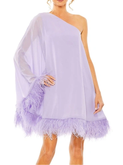 Mac Duggal One Shoulder Trapeze Dress With Feather Trim In Lilac