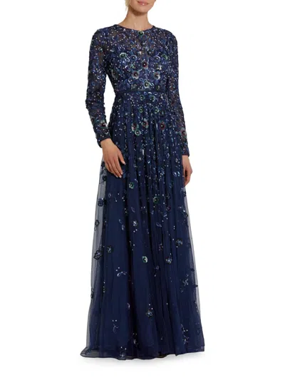 Mac Duggal Embellished High Neck Long Sleeve A-line Gown In Navy