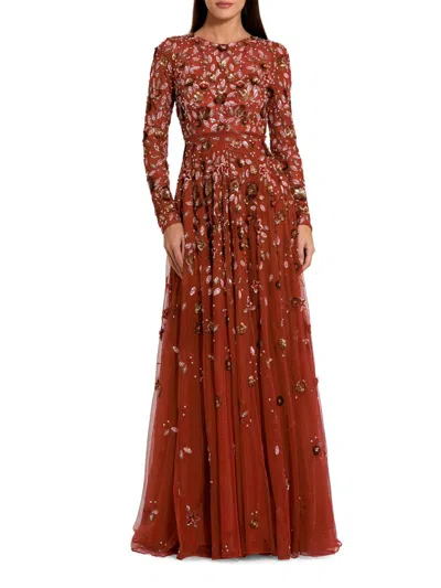 Mac Duggal Embellished High Neck Long Sleeve A-line Gown In Cinnamon