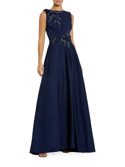 Mac Duggal Bateau Floral Appliqued Evening Gown In Navy In Blue