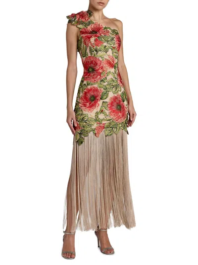 Mac Duggal Floral-embroidered One-shoulder Gown With Fringe Skirt In Multi
