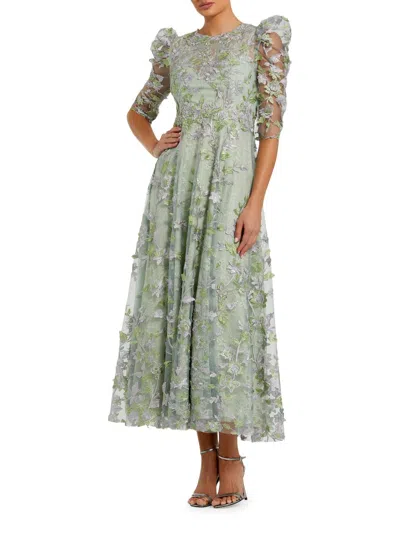 Mac Duggal Applique High Neck Puff Sleeve A Line Dress In Green