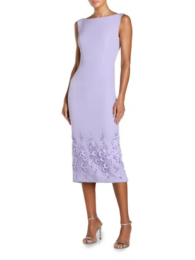 Mac Duggal Crepe Sleeveless Midi Dress With Flower Beading In Purple