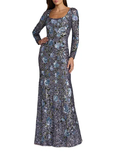 Mac Duggal Floral Beaded Mesh Long Sleeve Square Neck Gown In Animal Print