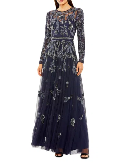 Mac Duggal Women's Floral Beaded Mesh Gown In Midnight Multi