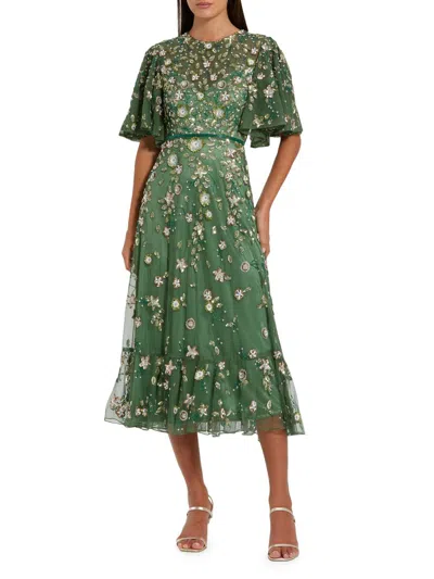 Mac Duggal Floral Embellished Flutter Sleeve Midi Dress In Multi