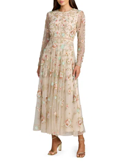 Mac Duggal Floral Embellished Long Sleeve Mesh Midi Dress In Neutral
