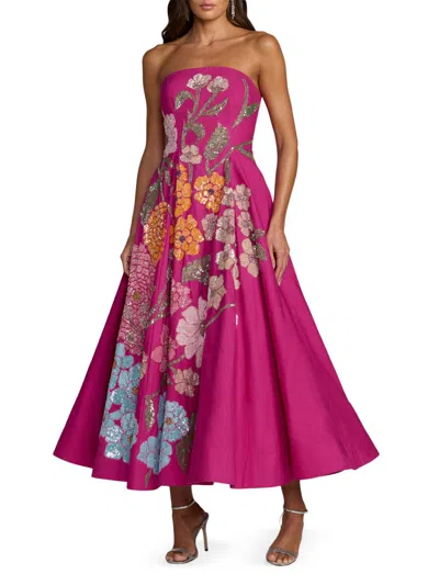 Mac Duggal Strapless Floral Embellished Midi Dress In Pink