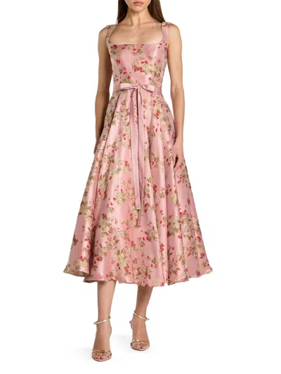 Mac Duggal Floral Brocade Sleeveless A-line Midi-dress In Pink