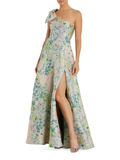 Mac Duggal One-shoulder Bow Floral Brocade A-line Maxi Dress In Green