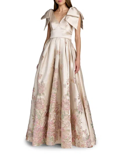 Mac Duggal Brocade V Neck Gown With Bow Straps In Multi