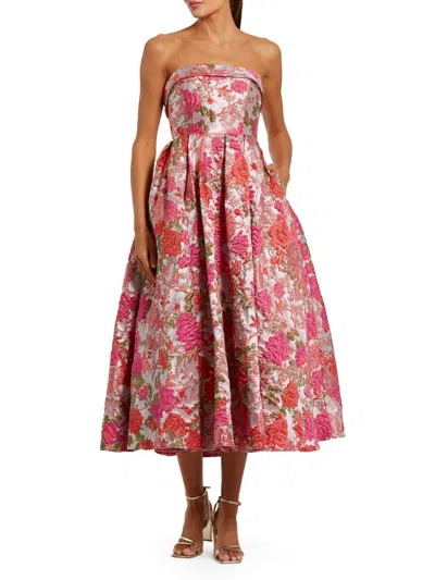 Mac Duggal Floral Brocade Fit-and-flare Strapless Midi Dress In Multi