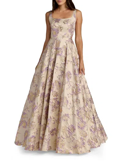 Mac Duggal Sleeveless Square Neck Brocade Ball Gown In Multi