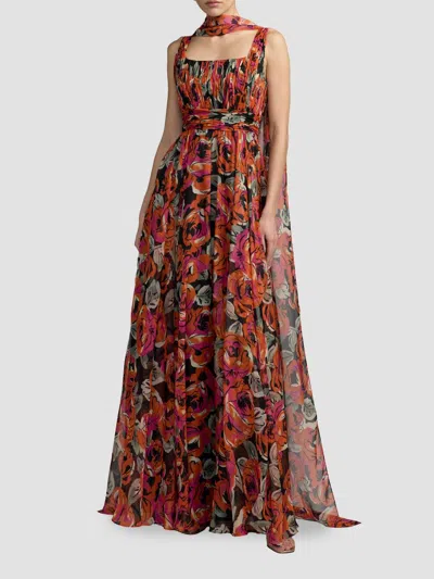 Mac Duggal Printed Chiffon Sleeveless A Line Gown With Scarf In Red