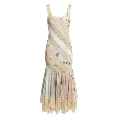 Mac Duggal Women's Floral Chiffon Midi Dress With Lace Trim In Neutral