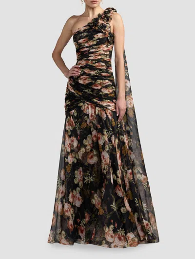 Mac Duggal One Shoulder Floral Printed Chiffon Gown In Multi