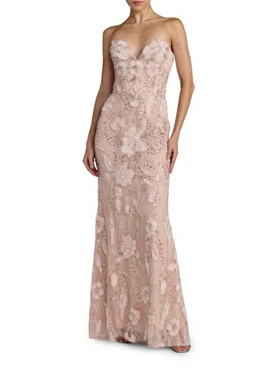 Mac Duggal Floral Embellished Mesh Strapless Column Gown In Pink