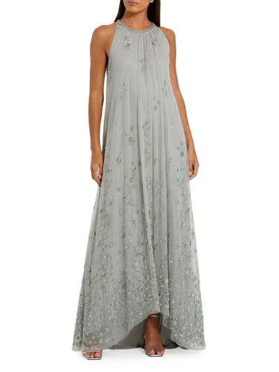 Mac Duggal High Neck Floral Embellished Mesh Trapeze Gown In Gray