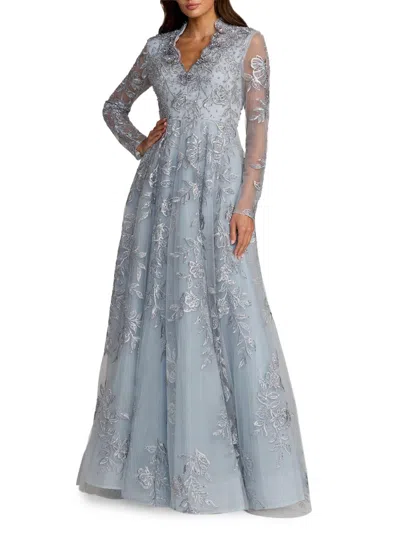 Mac Duggal Beaded Embroidered Mesh Long Sleeve A-line Gown In Blue