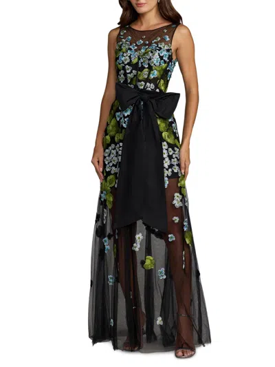 Mac Duggal Sleeveless Mesh Applique Gown With Bow Belt In Black