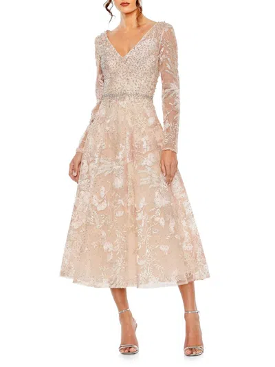 Mac Duggal Beaded Embroidered Long Sleeve V Neck Midi Dress In Neutral