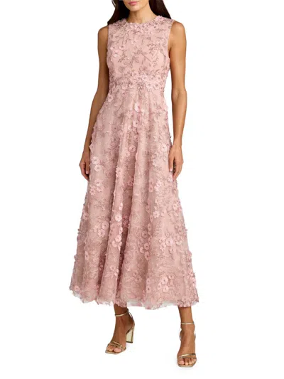 Mac Duggal Floral Embroidered Round-neck Midi-dress In Pink